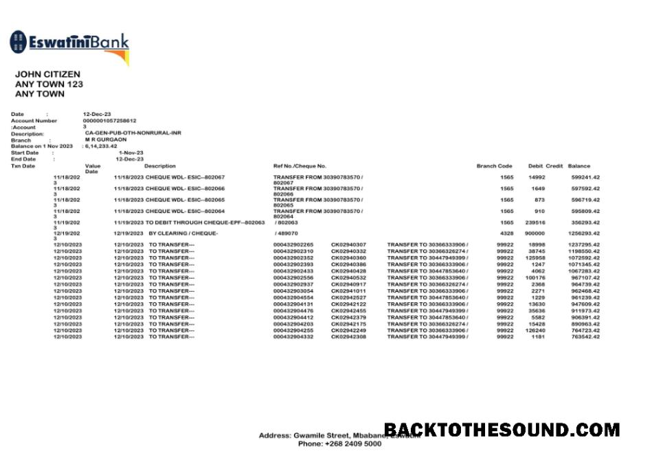 İndir Esvatini Swazibank Limited Banka Hesap Özeti Word and PDF scr Örnek taslak