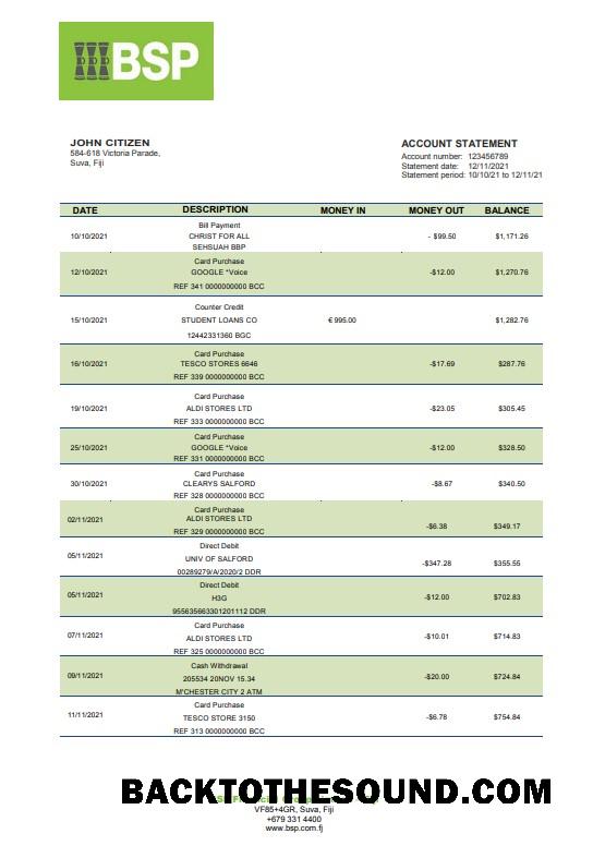 Gerçekçi İndir Fiji Banka of South Pacific Banka Hesap Özeti Şablon, Word and PDF Format Örnek