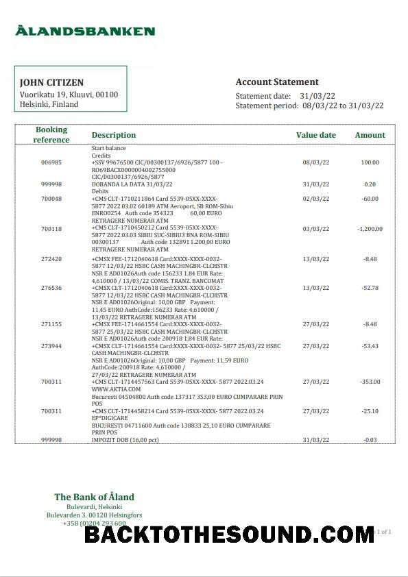 Premium İndir Finlandiya Aland Banka Hesap Özeti Şablon, Word and PDF Format Örnek