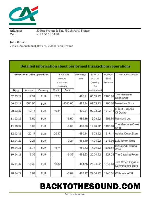 İndir Fransa Credite Agricole Banka Hesap Özeti XLS Örnek örnek