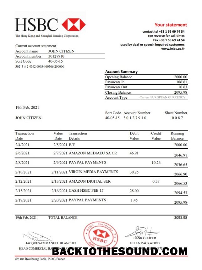 İndir Fransa HSBC Banka Hesap Özeti in .XLS and .PDF Dosya Format Örnek ön izleme