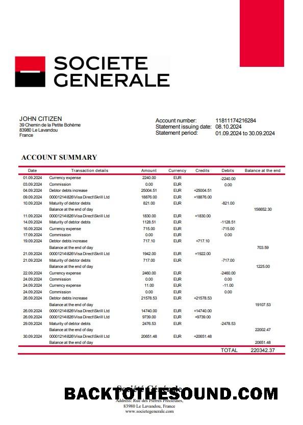Gerçekçi İndir Fransa Société Générale Banka Hesap Özeti Şablon, Word and PDF Format Örnek