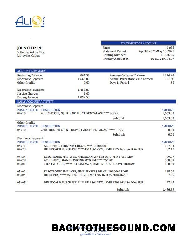 Gerçekçi İndir Gabon Alios Finans Banka Hesap Özeti Şablon, Word and PDF Format Örnek