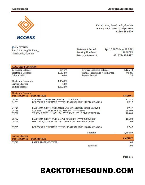 Yüksek Kalite İndir Gambiya erişim Banka Hesap Özeti Şablon, Word and PDF Format Örnek