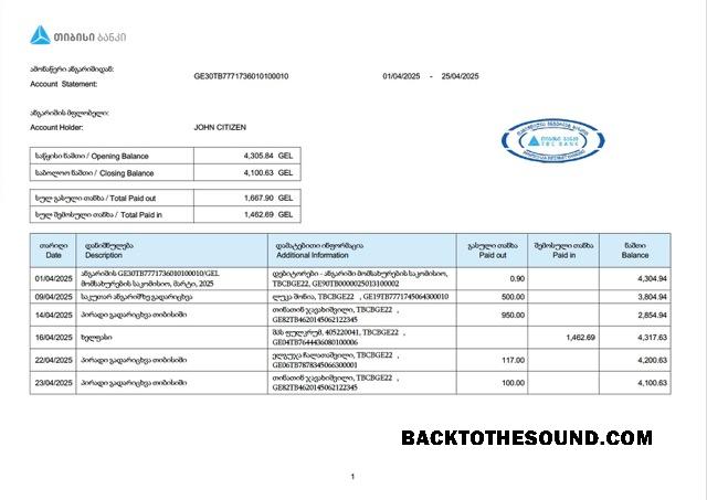 İndir Gürcistan TBC Banka Hesap Hesap Özeti Word and PDF Örnek tasarım