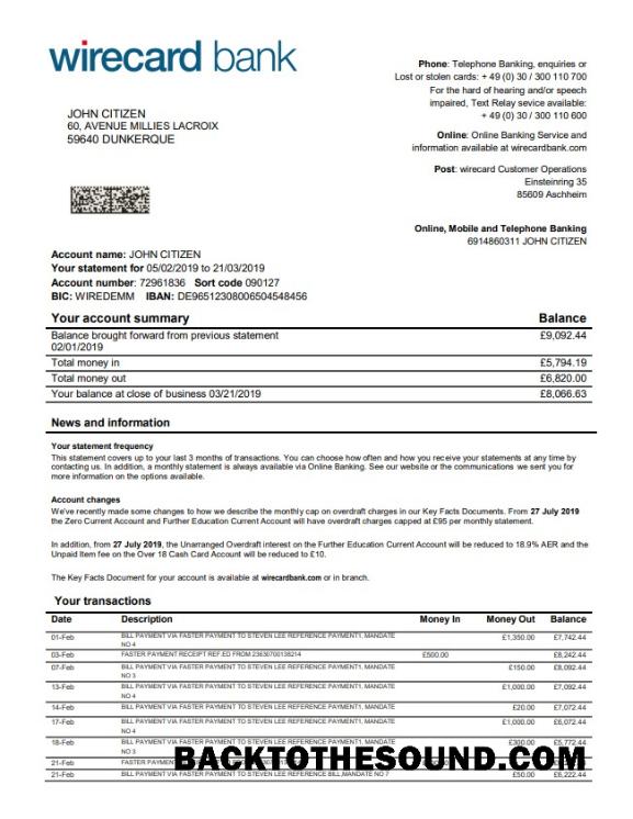 İndir Almanya Aschheim Wirecard Banka Hesap Özeti Örnek tasarım