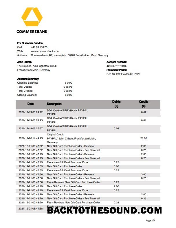 Yüksek Kalite İndir Almanya Commerzbank Banka Hesap Özeti Şablon, Word and PDF Format Örnek