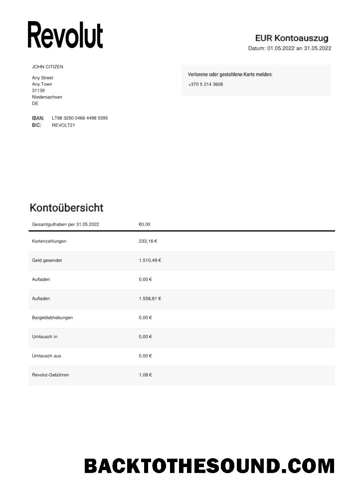Gerçekçi İndir Almanya Revolut EUR Banka Hesap Özeti Şablon, Word and PDF Format, 2 pages Örnek