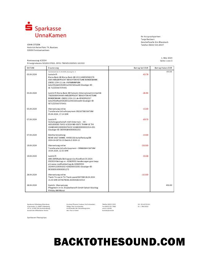 İndir Almanya Sparkasse UnnaKamen Banka Hesap Özeti Word and PDF Örnek tasarım