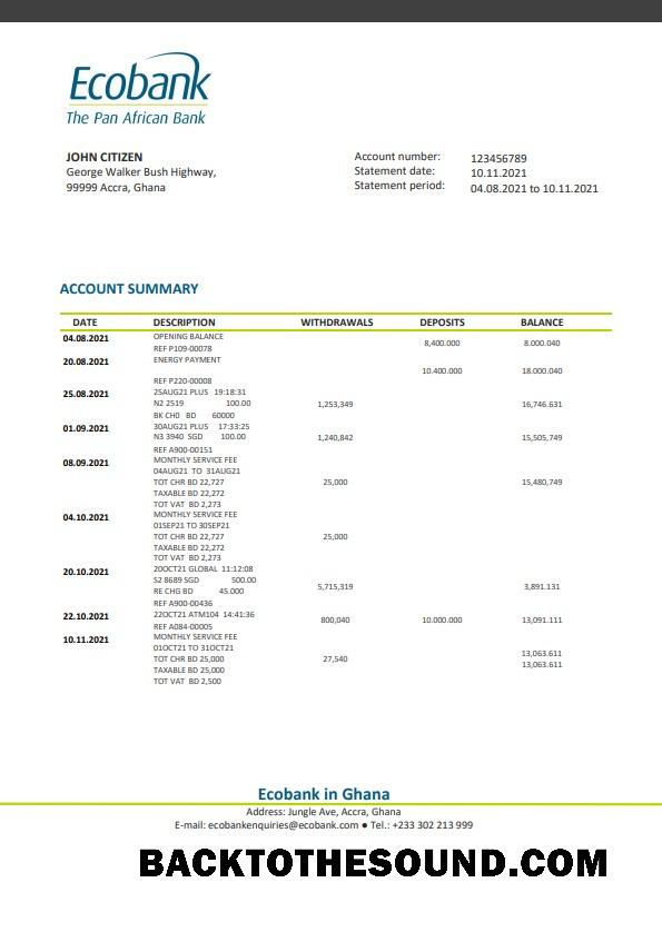 Yüksek Kalite İndir Gana Ecobank Banka Hesap Özeti Şablon, Word and PDF Format Örnek