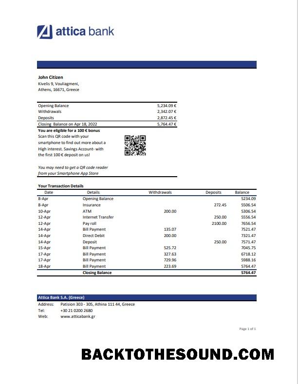 Yüksek Kalite İndir Yunanistan Attica Banka Hesap Özeti Şablon, Excel and PDF Format Örnek