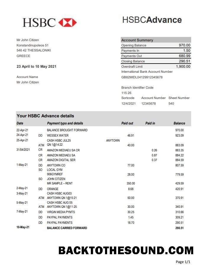 İndir Yunanistan HSBC Banka Hesap Özeti easy to fill in Excel and PDF Format Örnek ön izleme