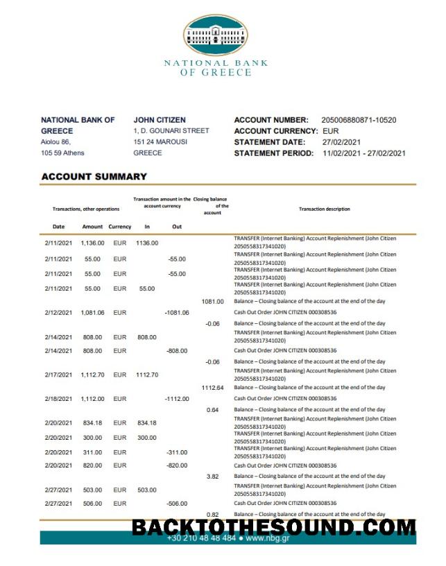 İndir Yunanistan ulusal Banka of Yunanistan Banka Hesap Özeti in .XLS and .PDF Dosya Format Örnek şablon