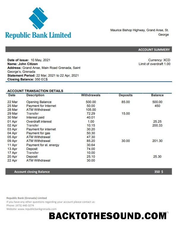 Premium İndir Grenada Republic Banka Hesap Özeti Şablon, Word and PDF Format Örnek