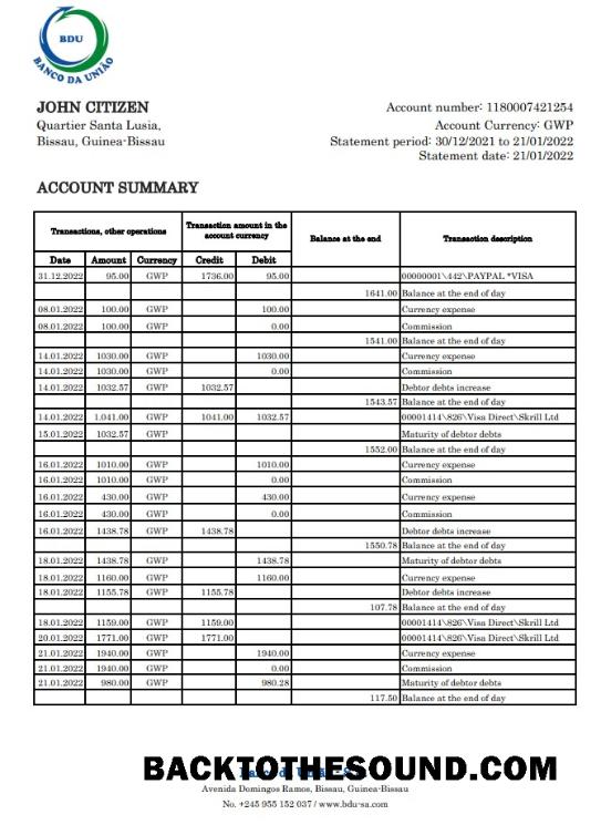 İndir Gine Bissau Banco da Uniao Banka Hesap Özeti XLS Örnek taslak