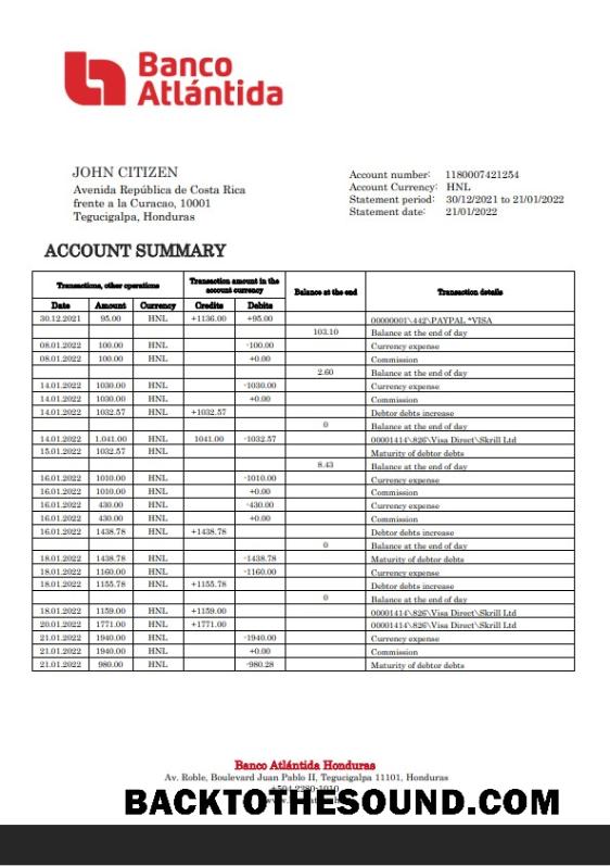 Premium İndir Honduras Banco Atlantida Banka Hesap Özeti Şablon, Word and PDF Format Örnek