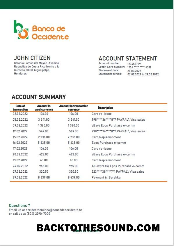İndir Honduras Banco de Occidente Banka Hesap Özeti in Word and PDF Format Örnek örnek