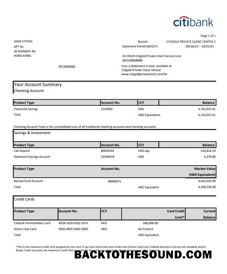 İndir Hong Kong Citibank Kredi Kart Örnek örnek