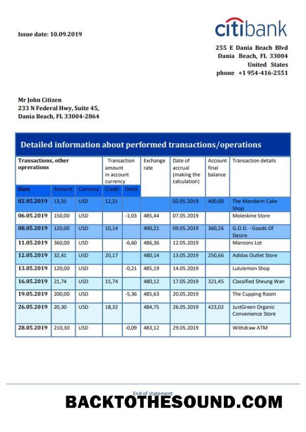 İndir Hong Kong Citibank proof of address Banka Hesap Özeti in Word and PDF Format Örnek tasarım