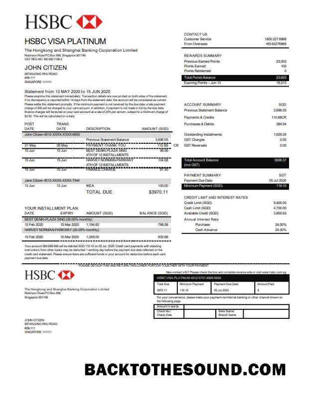 İndir Hong Kong HSBC Banka Vize Platinum Kredi Kart Hesap Özeti in Word and PDF Format Örnek tasarım