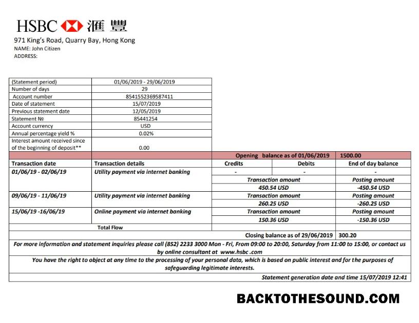 İndir Hong Kong HSBC Banka Hesap Özeti easy to fill in Word and PDF Format Örnek örnek