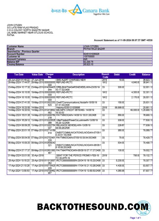 Yüksek Kalite İndir Hindistan CANARA Banka Hesap Özeti Şablon, Word and PDF Format, Sürüm 2 Örnek