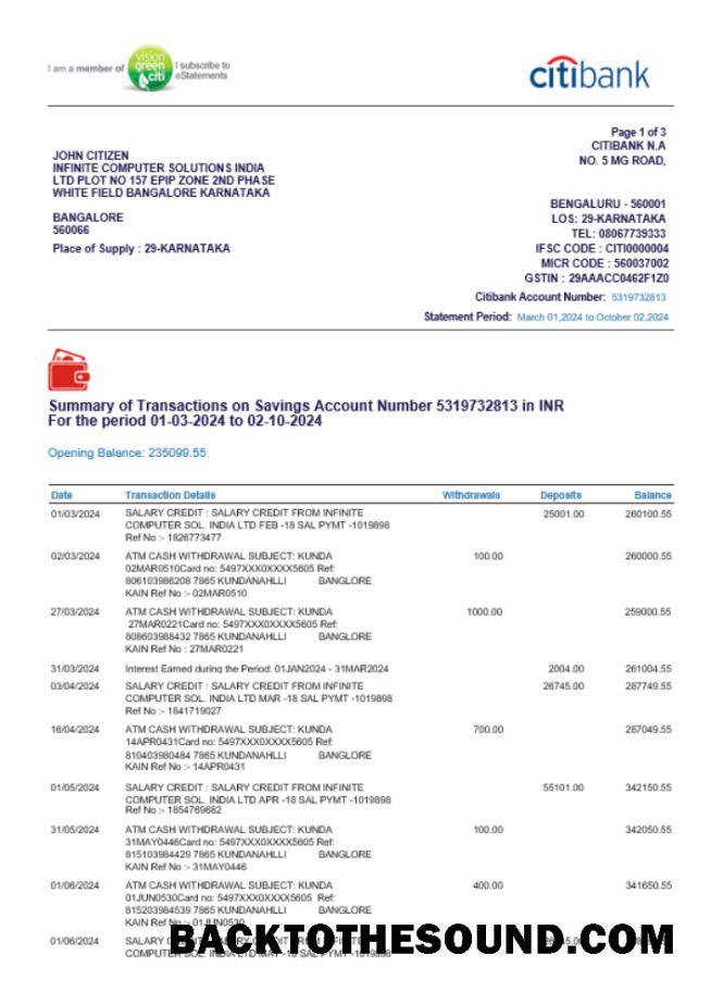 Gerçekçi İndir Hindistan CITIBANK Banka Hesap Özeti Şablon, Word and PDF Format Örnek