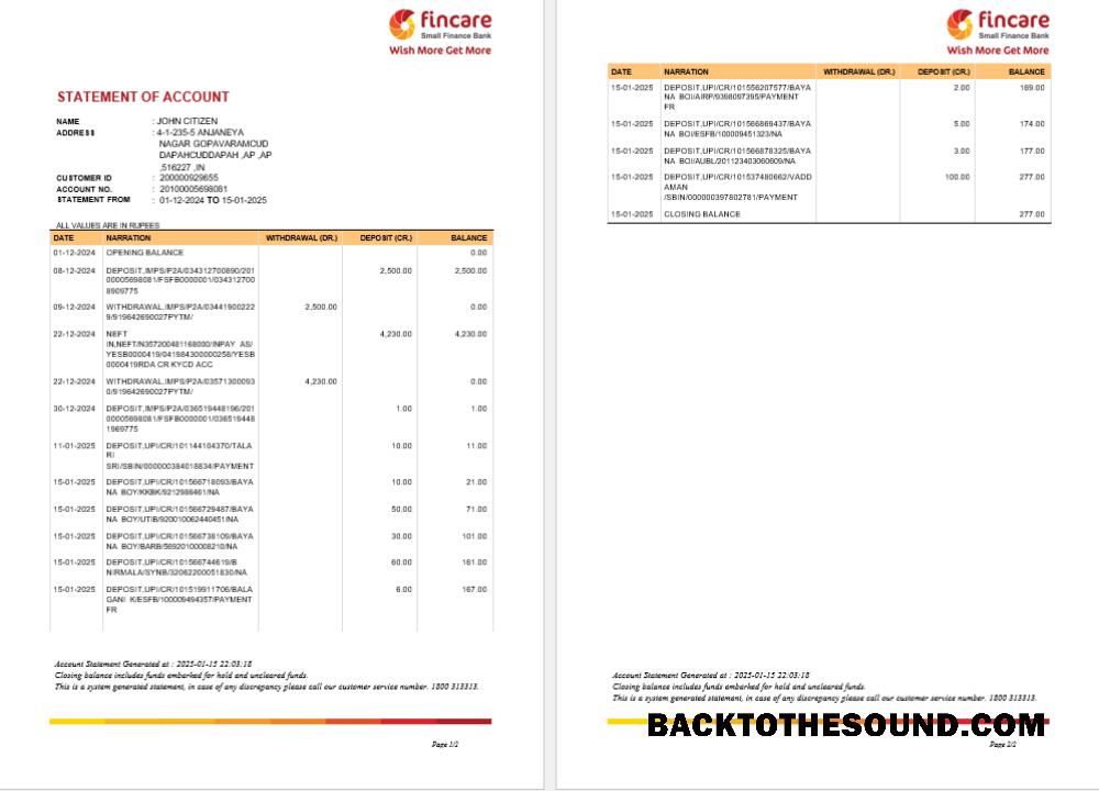 Yüksek Kalite İndir Hindistan FINCARE Banka Hesap Özeti Şablon, Word and PDF Format, Sürüm 2 Örnek