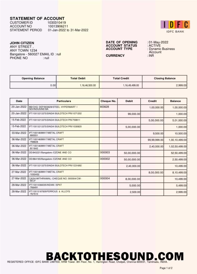 Yüksek Kalite İndir Hindistan IDFC First Banka Hesap Özeti Şablon, Word and PDF Format, Sürüm 2 Örnek
