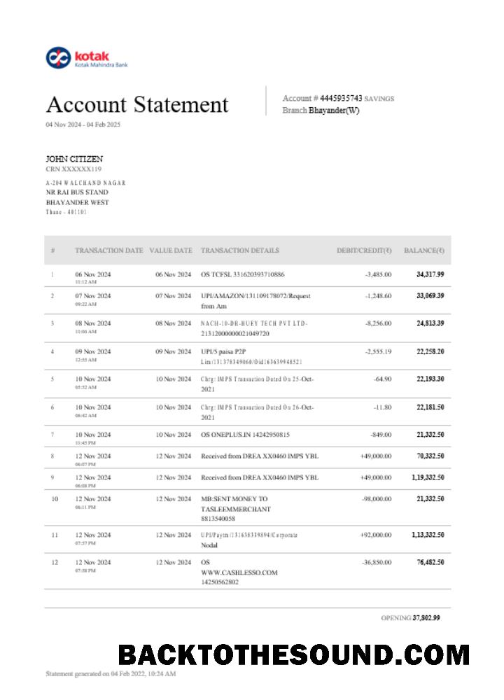 Premium İndir Hindistan KOTAK Banka Hesap Özeti Şablon, Word and PDF Format Örnek