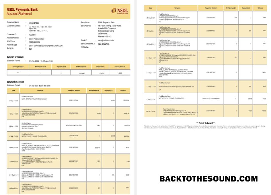 Gerçekçi İndir Hindistan NSDL Banka Hesap Özeti Şablon, Word and PDF Format Örnek