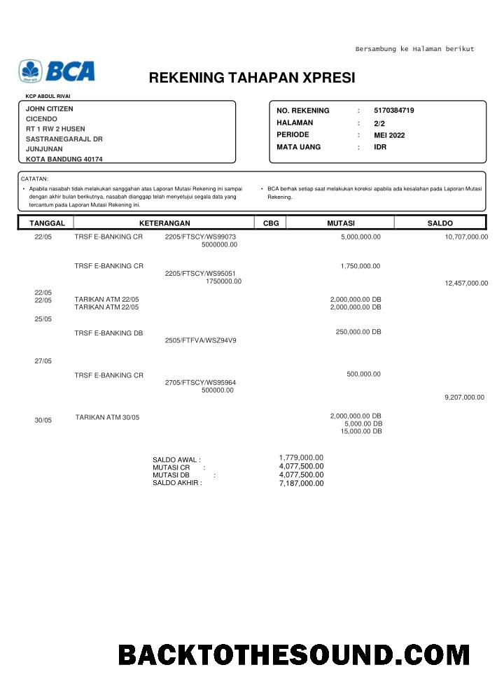 Yüksek Kalite İndir Endonezya BCA Banka Hesap Özeti Şablon, Word and PDF Format Örnek