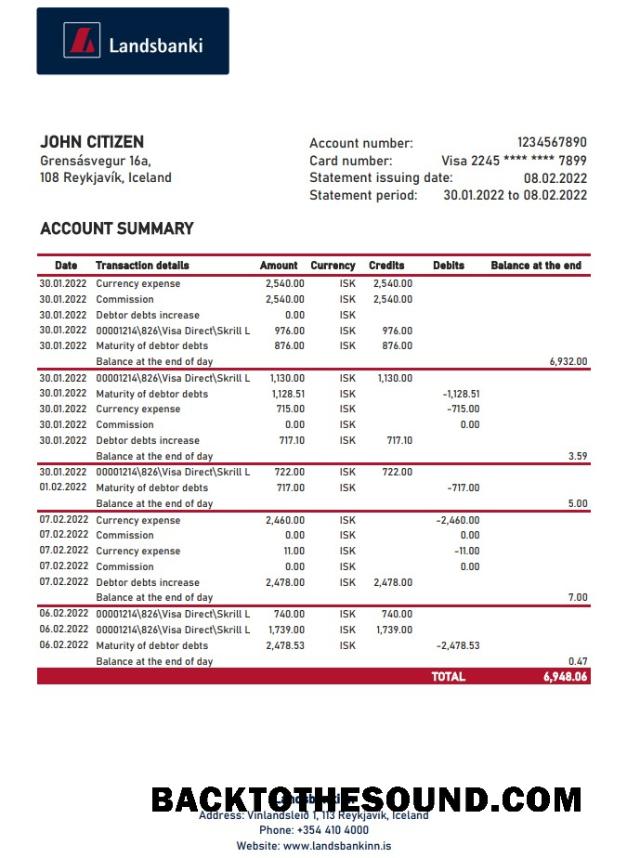 İndir İzlanda Landsbankinn Banka Hesap Özeti XLS Örnek ön izleme