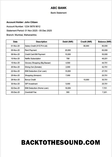 İndir Hindistan ABC Banka Hesap Özeti Word and PDF Örnek örnek