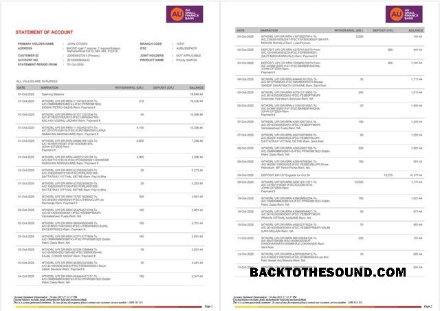 Premium İndir Hindistan AU Small Finans Banka Hesap Özeti of Hesap Word and PDF Şablon, 2 pages Örnek