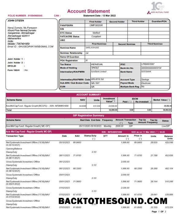 Gerçekçi İndir Hindistan Axis Mutual Fund Banka Hesap Özeti Şablon, Word and PDF Format, 3 pages Örnek