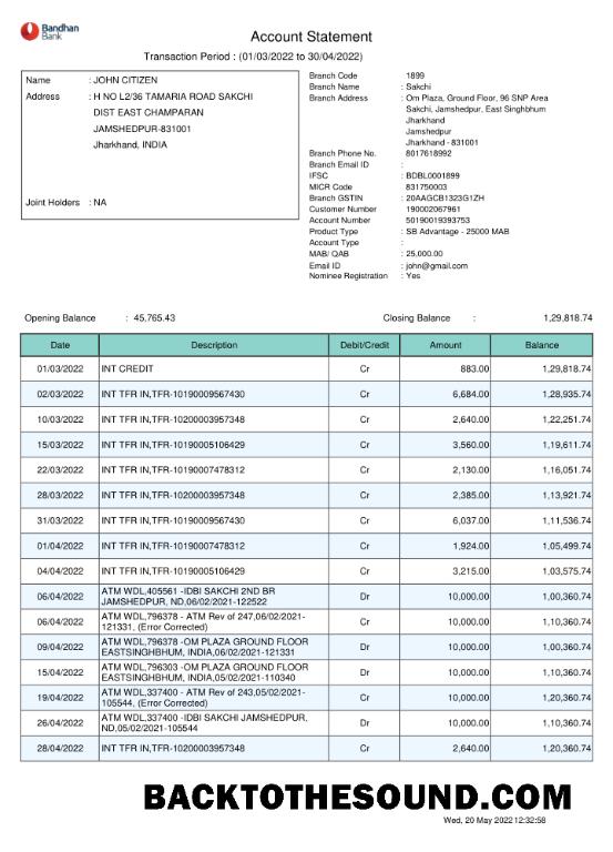 Yüksek Kalite İndir Hindistan Bandhan Banka Hesap Özeti Şablon, Word and PDF Format, 2 pages Örnek