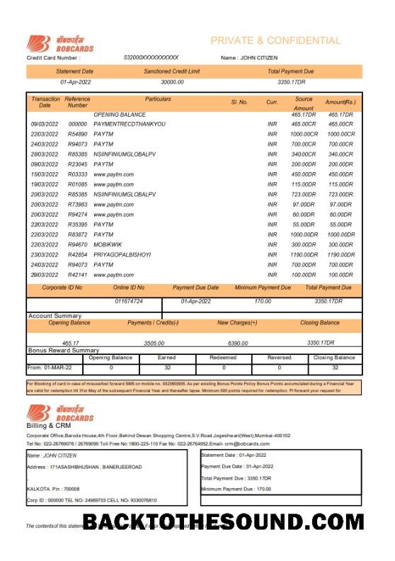 İndir Hindistan Banka of Baroda BOBCARDS Banka Hesap Özeti Örnek örnek