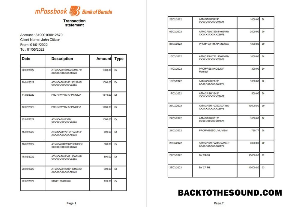İndir Hindistan Banka of Baroda mPassbook Banka İşlem Hesap Özeti, 4 pages Örnek şablon