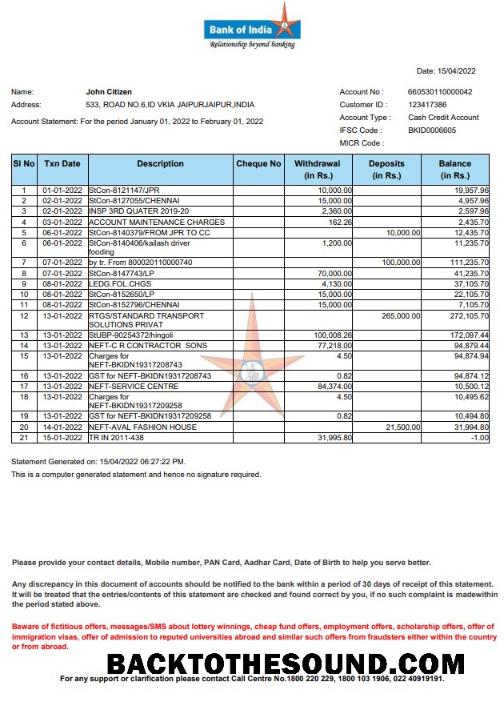 İndir Hindistan Banka of Hindistan Hesap Özeti Örnek tasarım