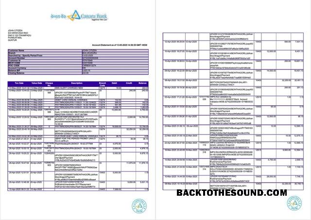 Gerçekçi İndir Hindistan Canara Banka Hesap Hesap Özeti Word and PDF Şablon, 2 pages Örnek