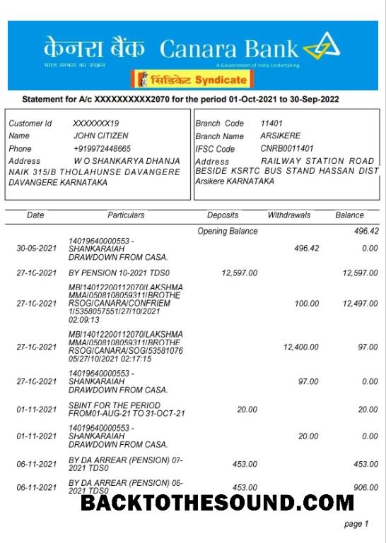 Gerçekçi İndir Hindistan Canara Banka Hesap Özeti Şablon, Word and PDF Format, 5 pages, Sürüm 2 Örnek