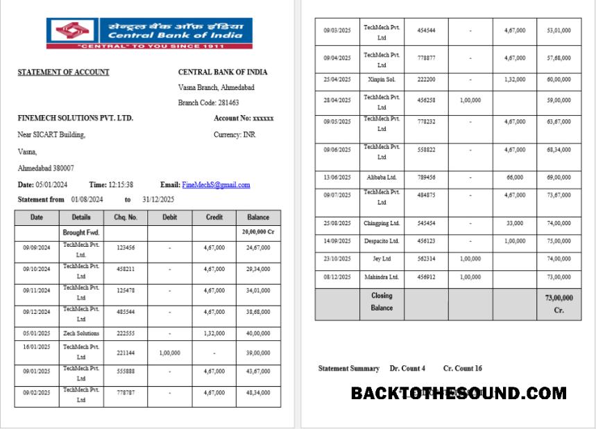 Yüksek Kalite İndir Hindistan Central Banka of Hindistan Hesap Özeti Word and PDF Şablon, 2 pages Örnek