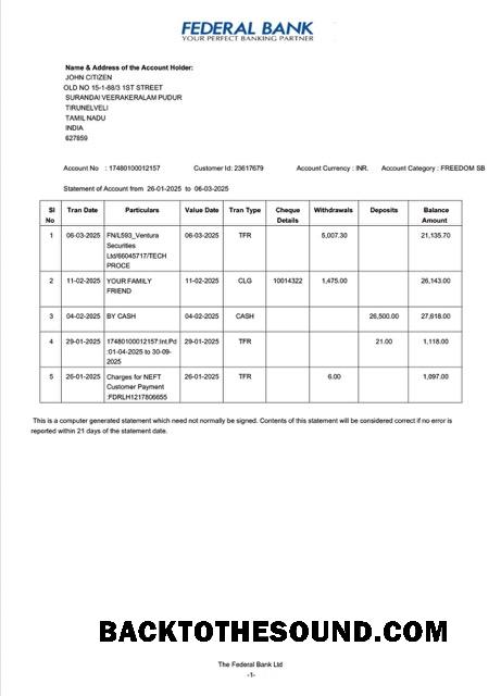 Düzenlenebilir İndir Hindistan Federal Banka Hesap Özeti of Hesap Word and PDF Şablon, Sürüm 2 Örnek