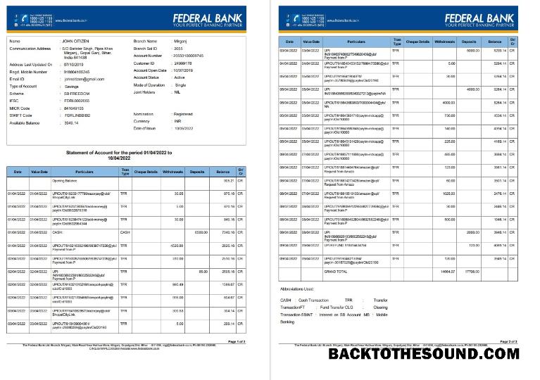 İndir Hindistan Federal Banka Hesap Hesap Özeti 3 pages Örnek tasarım