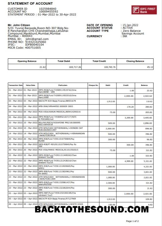 Düzenlenebilir İndir Hindistan IDFC First Banka Hesap Özeti Şablon, Word and PDF Format, 2 pages Örnek