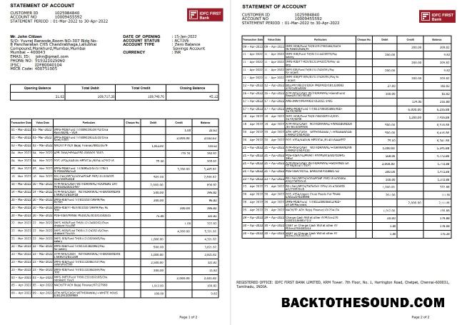 İndir Hindistan IDFC First Banka Hesap Özeti, 2 pages Örnek şablon
