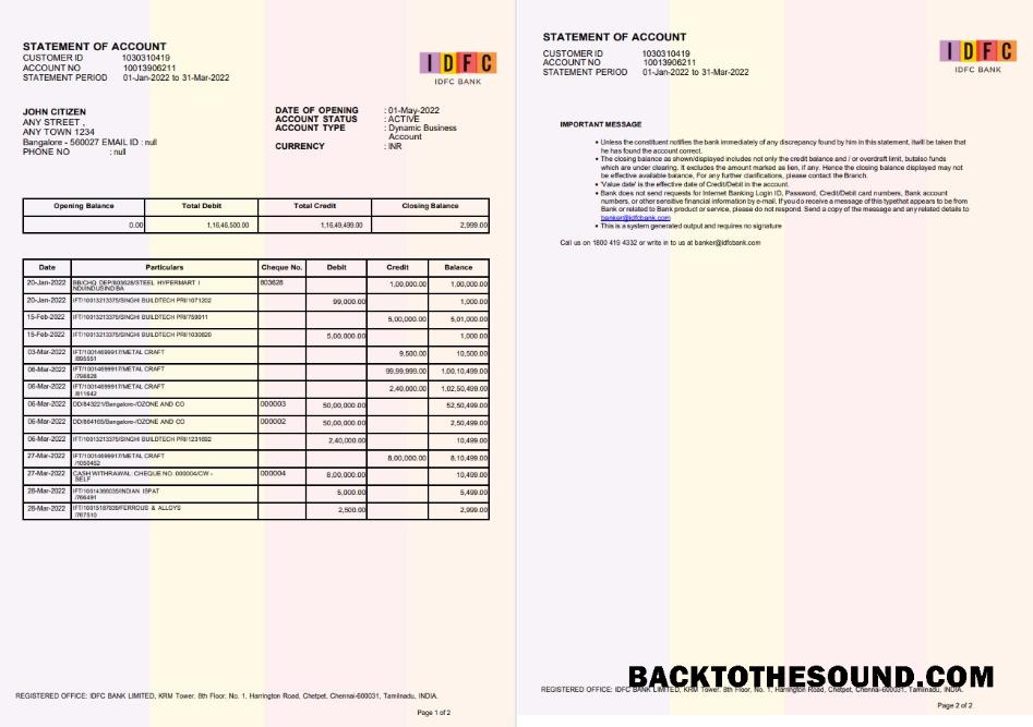 İndir Hindistan IDFC Banka Hesap Özeti 2 pages, Yeni Sürüm Örnek tasarım