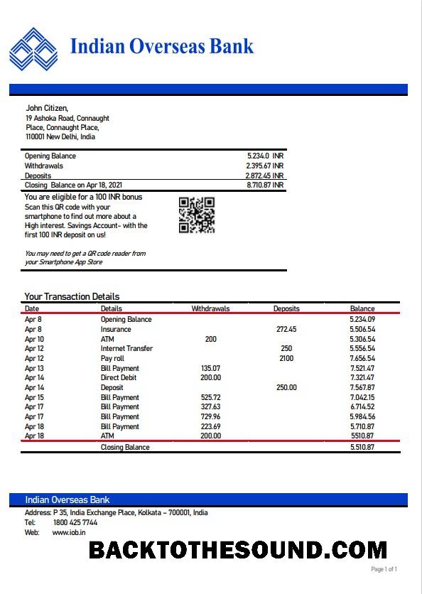 Yüksek Kalite İndir Hindistan Indian Overseas Banka Hesap Özeti Şablon, Word and PDF Format Örnek