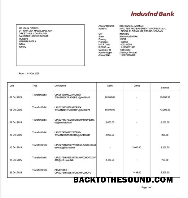 İndir Hindistan IndusInd Banka Hesap Hesap Özeti Word and PDF Örnek taslak